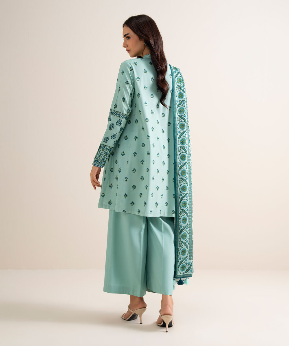 Women's Unstitched Embroidered Linen Light Aqua 3 Piece Suit