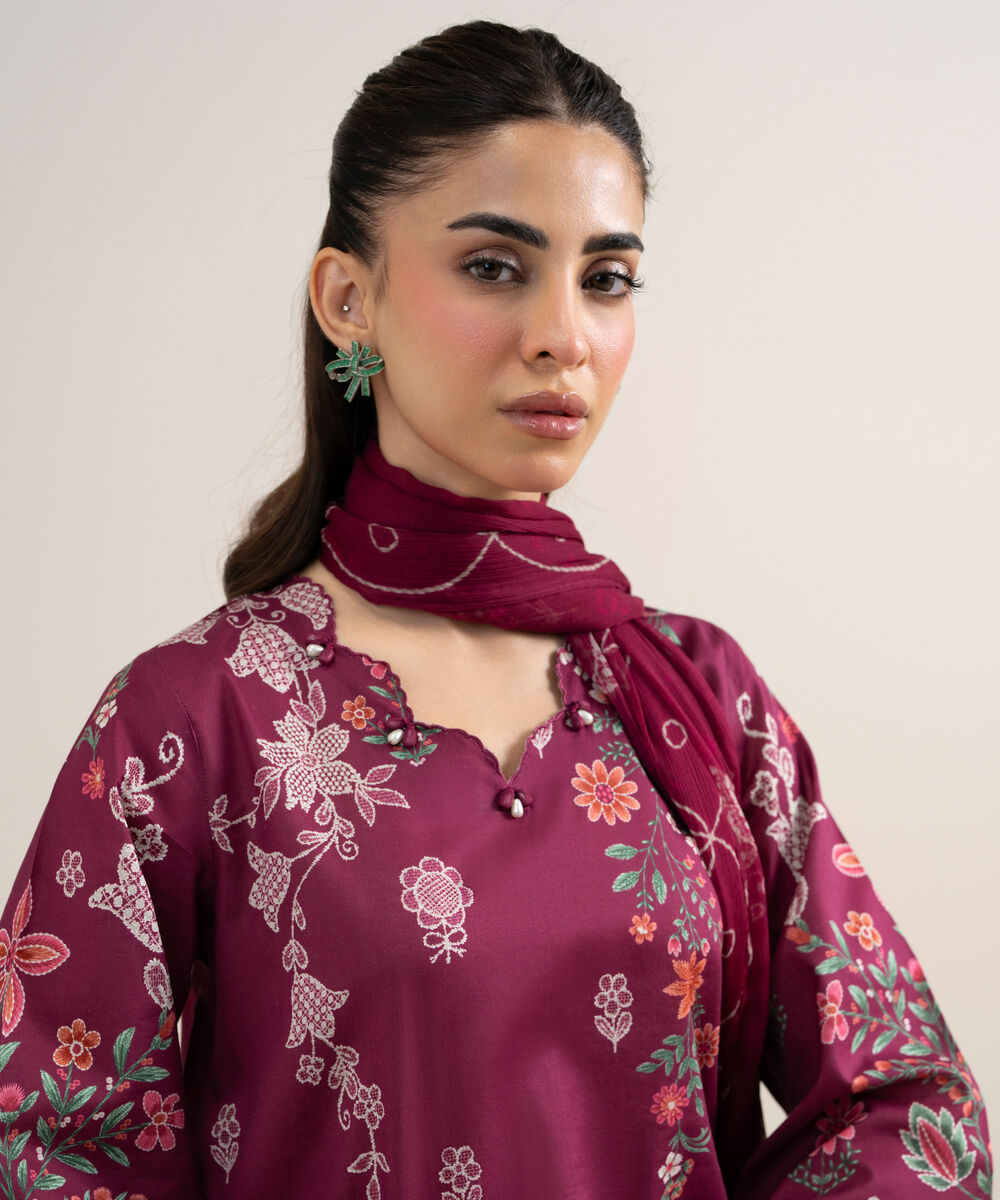 Women's Unstitched Lawn Embroidered Pink 3 Piece Suit