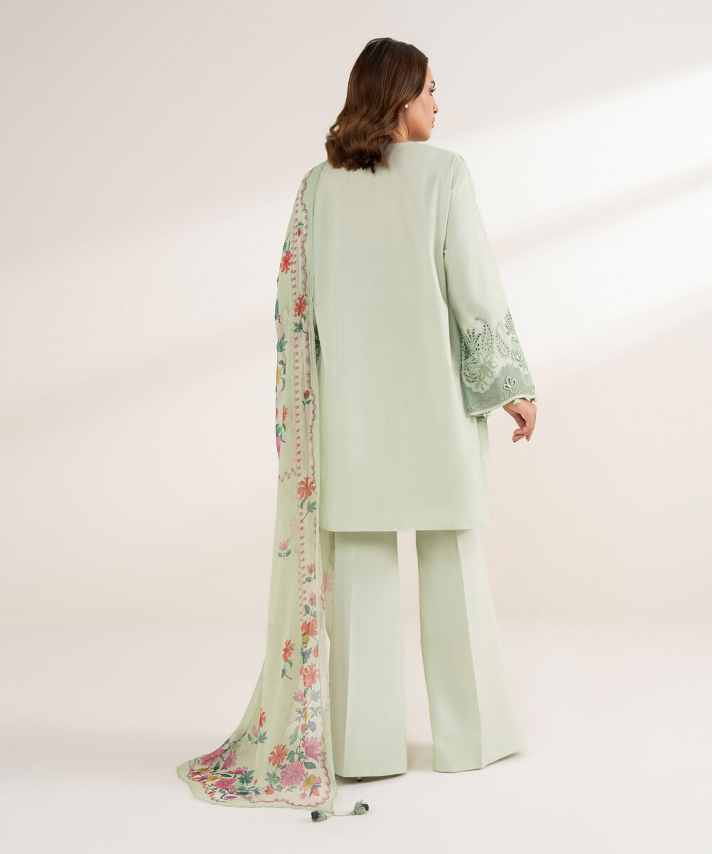 Women's Unstitched Cotton Embroidered Green 3 Piece Suit