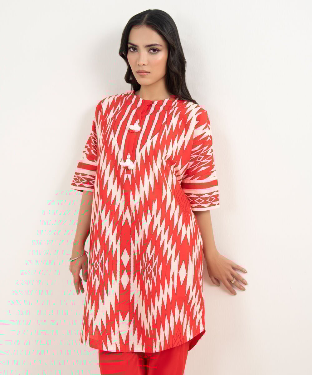 Women's RTW Lawn Printed Red Drop Shoulder Shirt