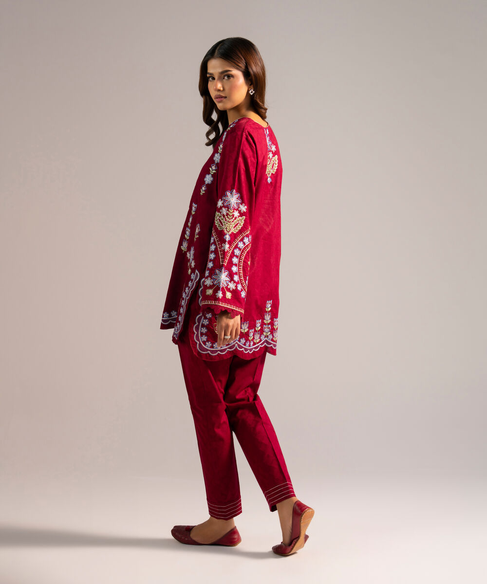 Women's RTW Self Jacquard Embroidered Red 2 Piece Suit