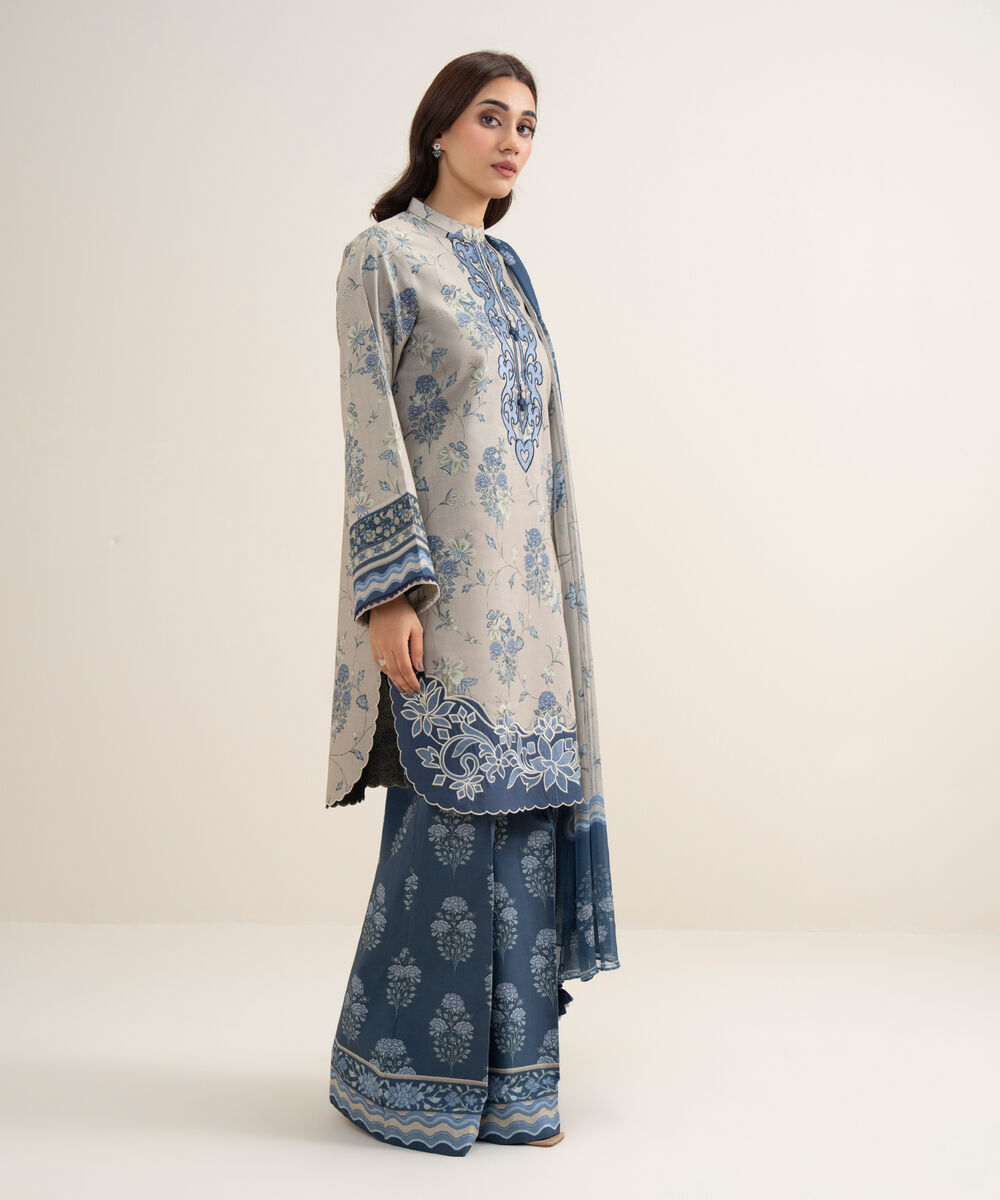 Women's Unstitched Lawn Embroidered Beige 3 Piece Suit
