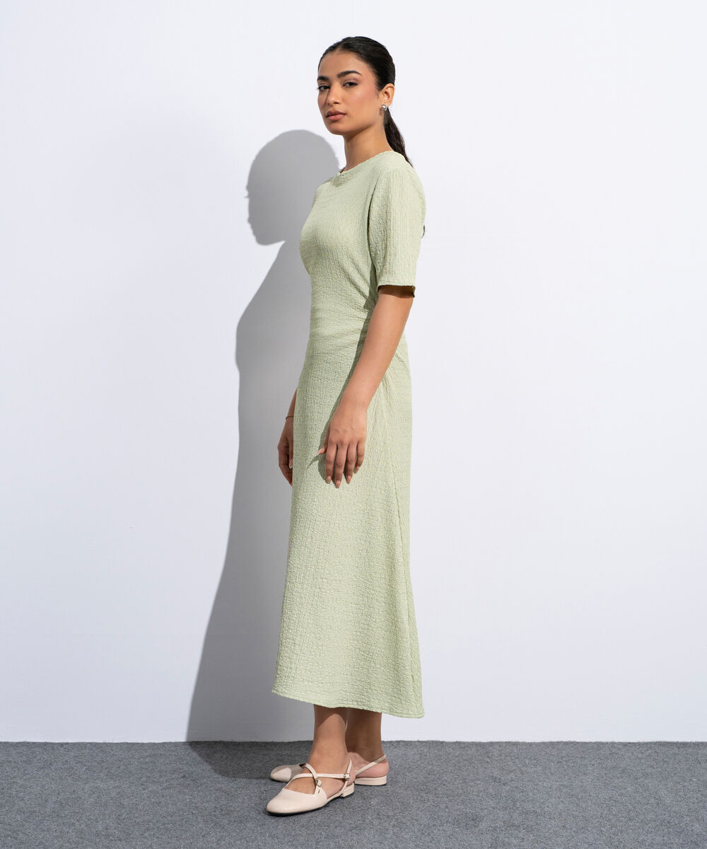 Women's Light Green Cinched Waist Textured Dress