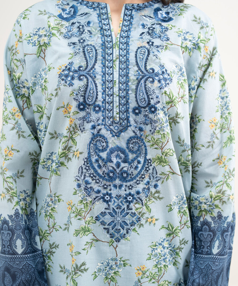 Women's RTW Lawn Embroidered Blue Straight Shirt