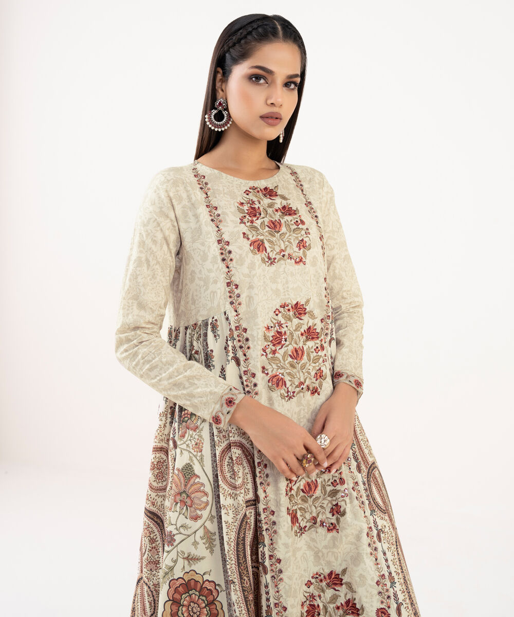 Women's RTW Lawn Viscose Beige Embroidered Pishwas