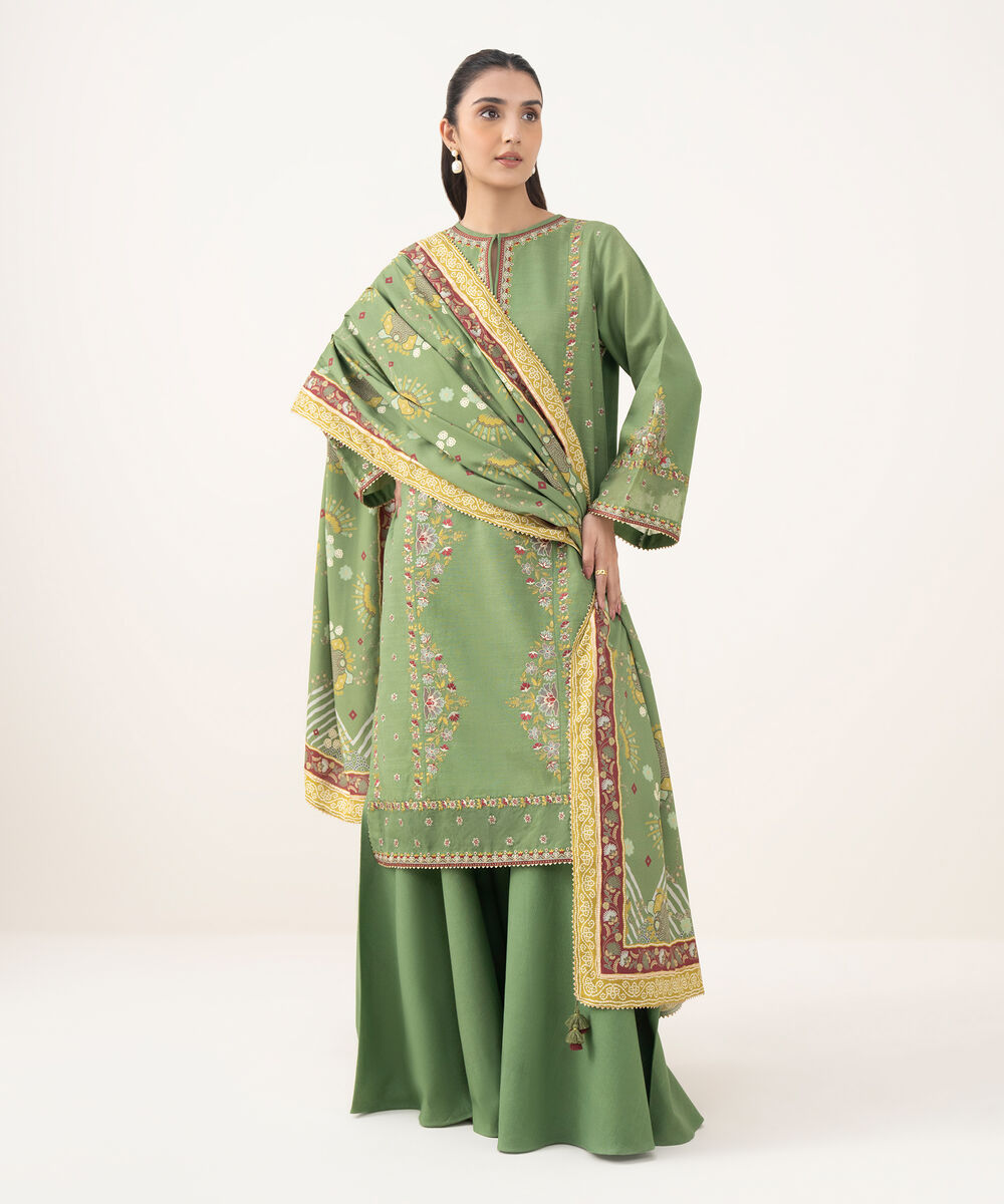 Women's Unstitched Textured Cotton Embroidered Green 3 Piece Suit