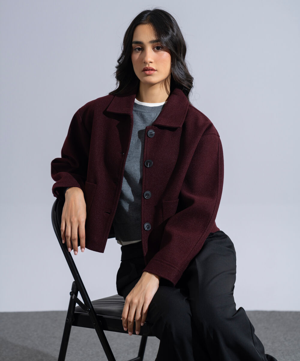 Women's Western Wear Burgundy Polyester Short Woolen Effect Coat