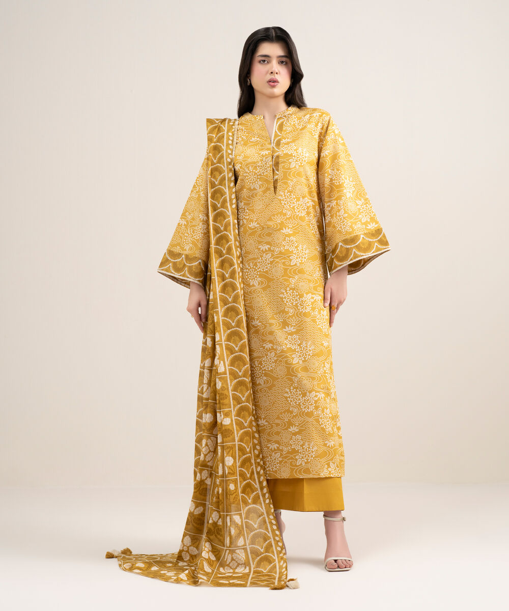Women's Unstitched Lawn Printed Yellow 3 Piece Suit