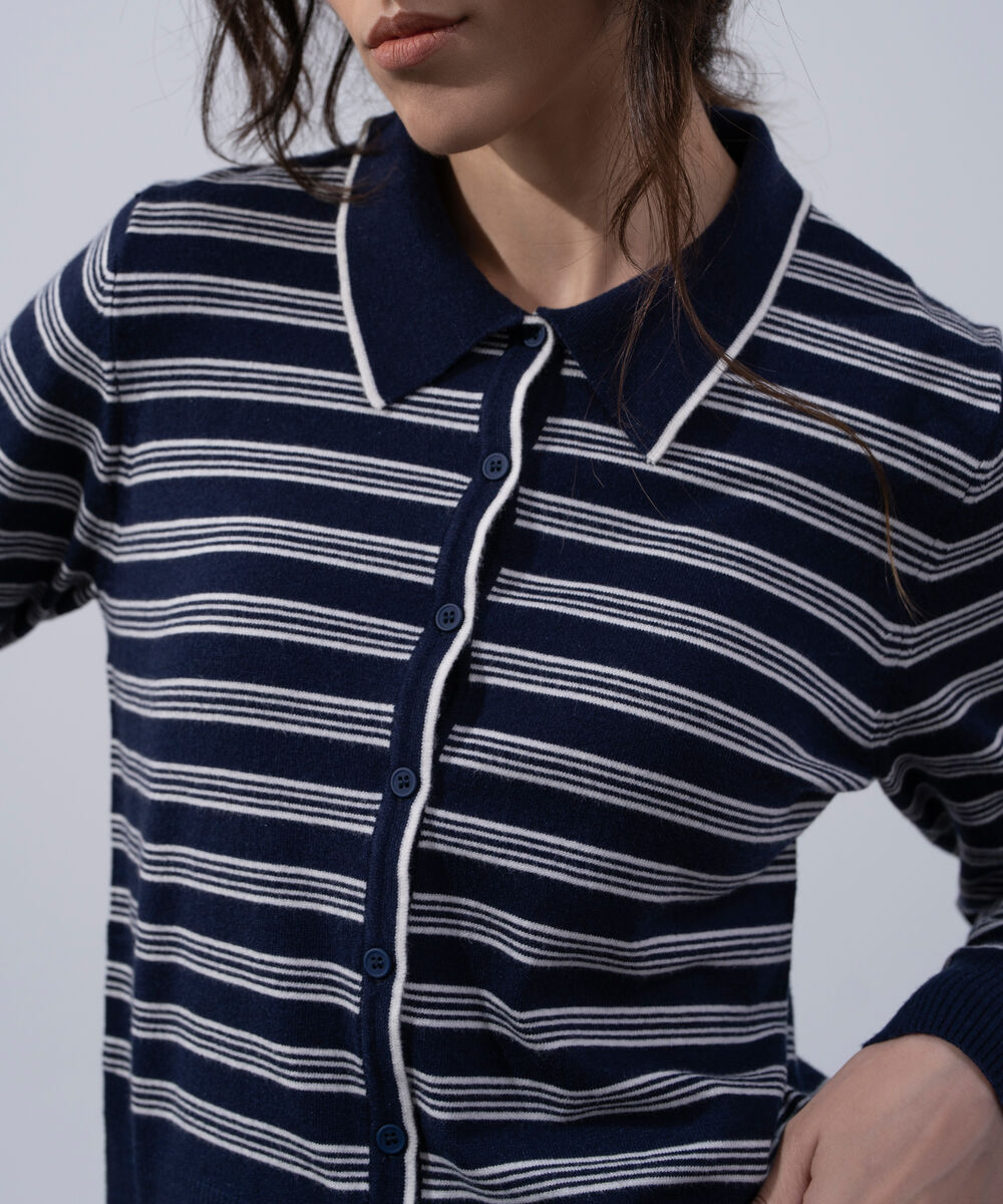 Women's Western Wear Navy Blue And White Striped Knit Cardigan