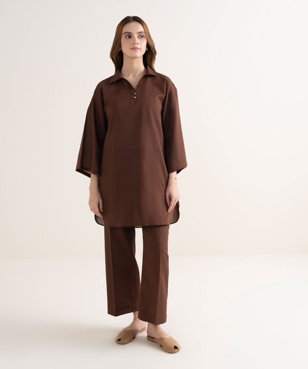 Women's RTW Handwoven Dobby Solid Boxy Brown Shirt