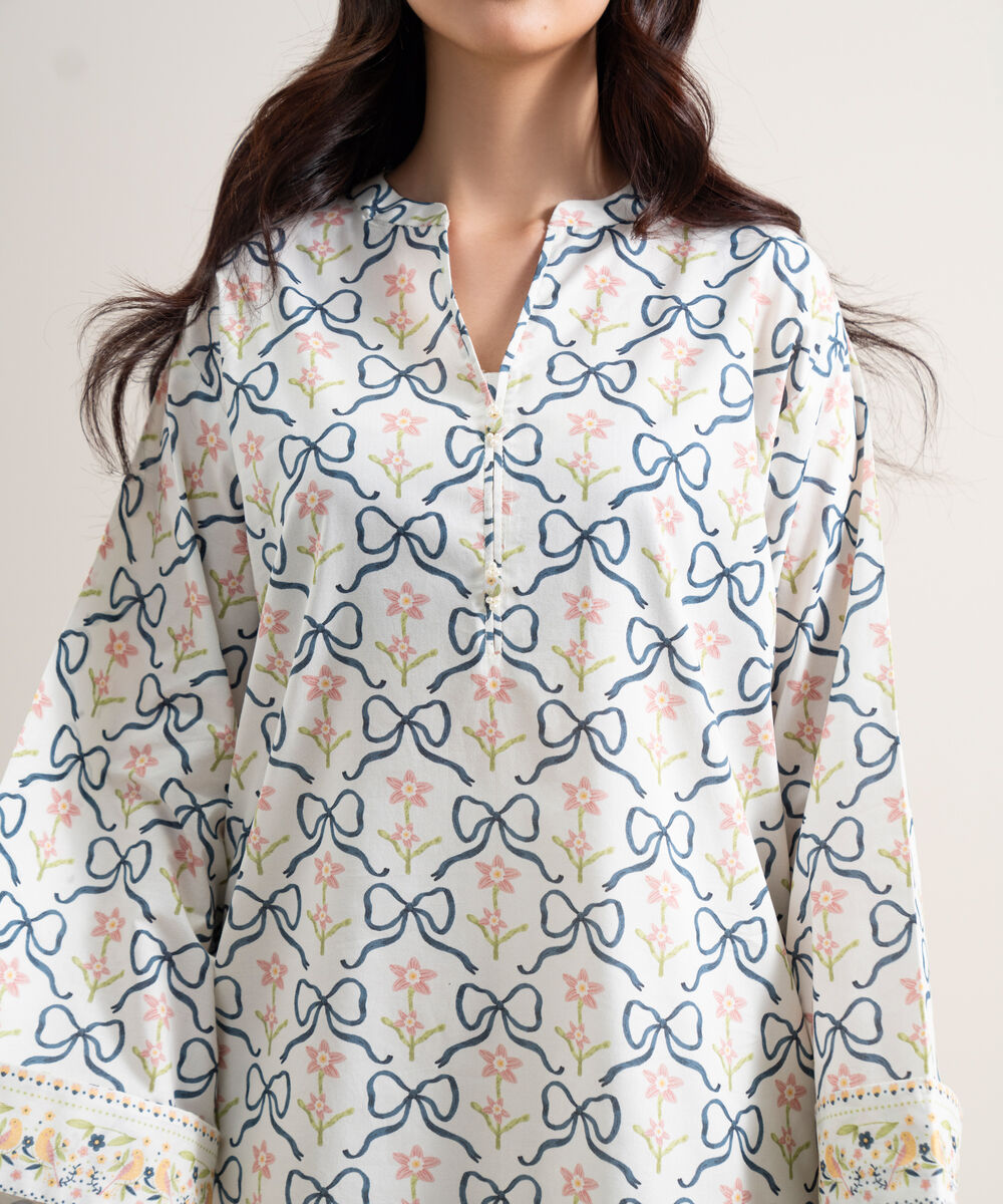 Women's Unstitched Lawn Printed Off White & Blue  3 Piece Suit