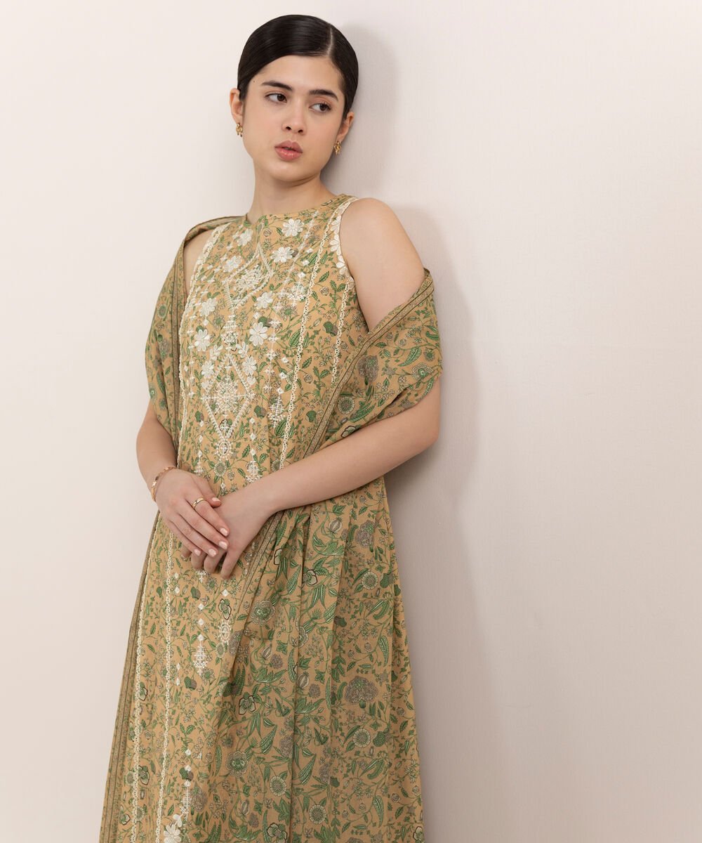 Women's Unstitched Cotton Embroidered Multi Two Piece Suit