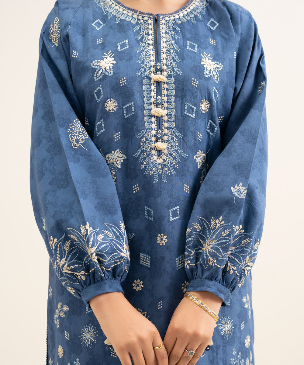 Women's Unstitched Cotton Jacquard Embroidered Blue 3 Piece Suit