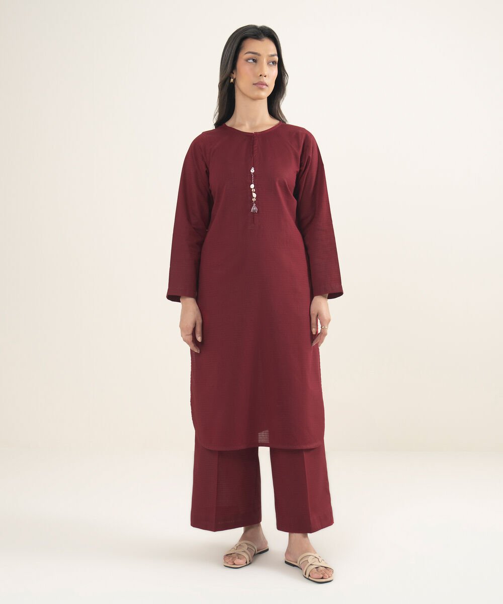 Women's RTW Dobby Solid Red Straight Shirt