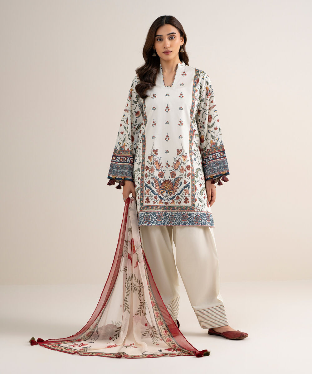 Women's Unstitched Lawn Printed Off White 3 Piece Suit