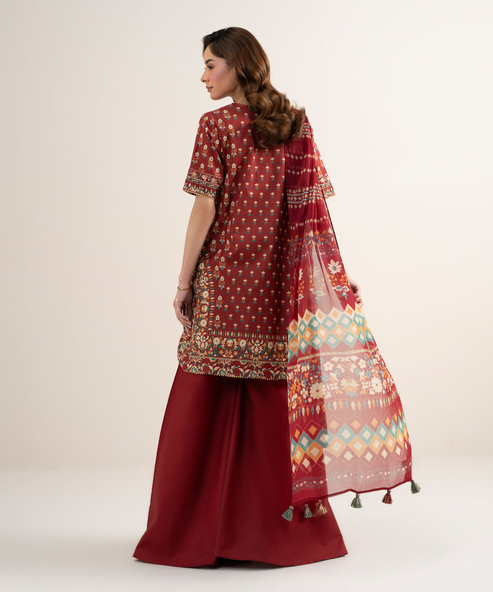 Women's Unstitched Lawn Embroidered Red 3 Piece Suit