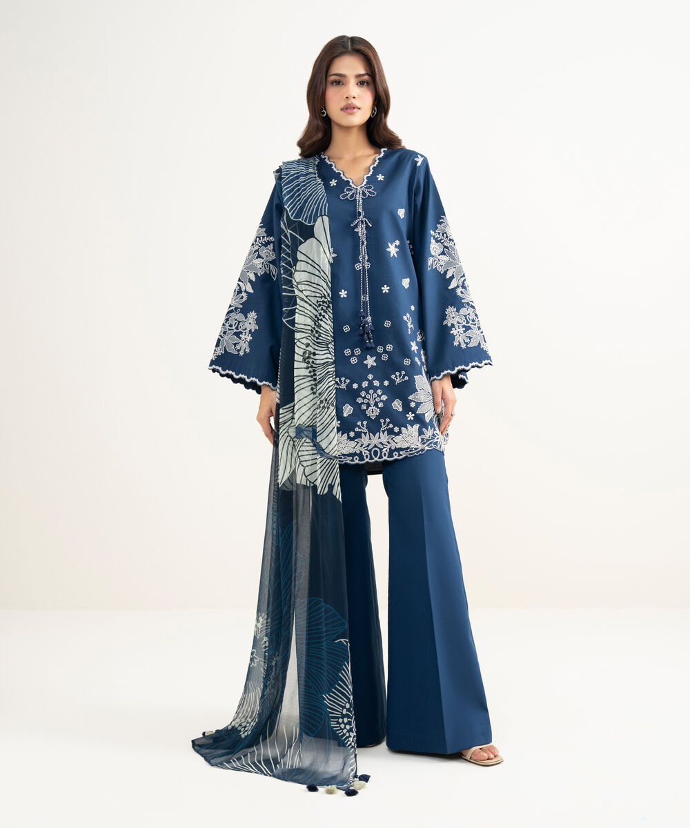 Women's Unstitched Textured Lawn Embroidered Blue 3 Piece Suit