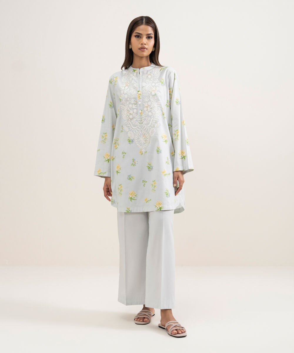 Women's RTW Cambric Embroidered Mint Green Straight Shirt
