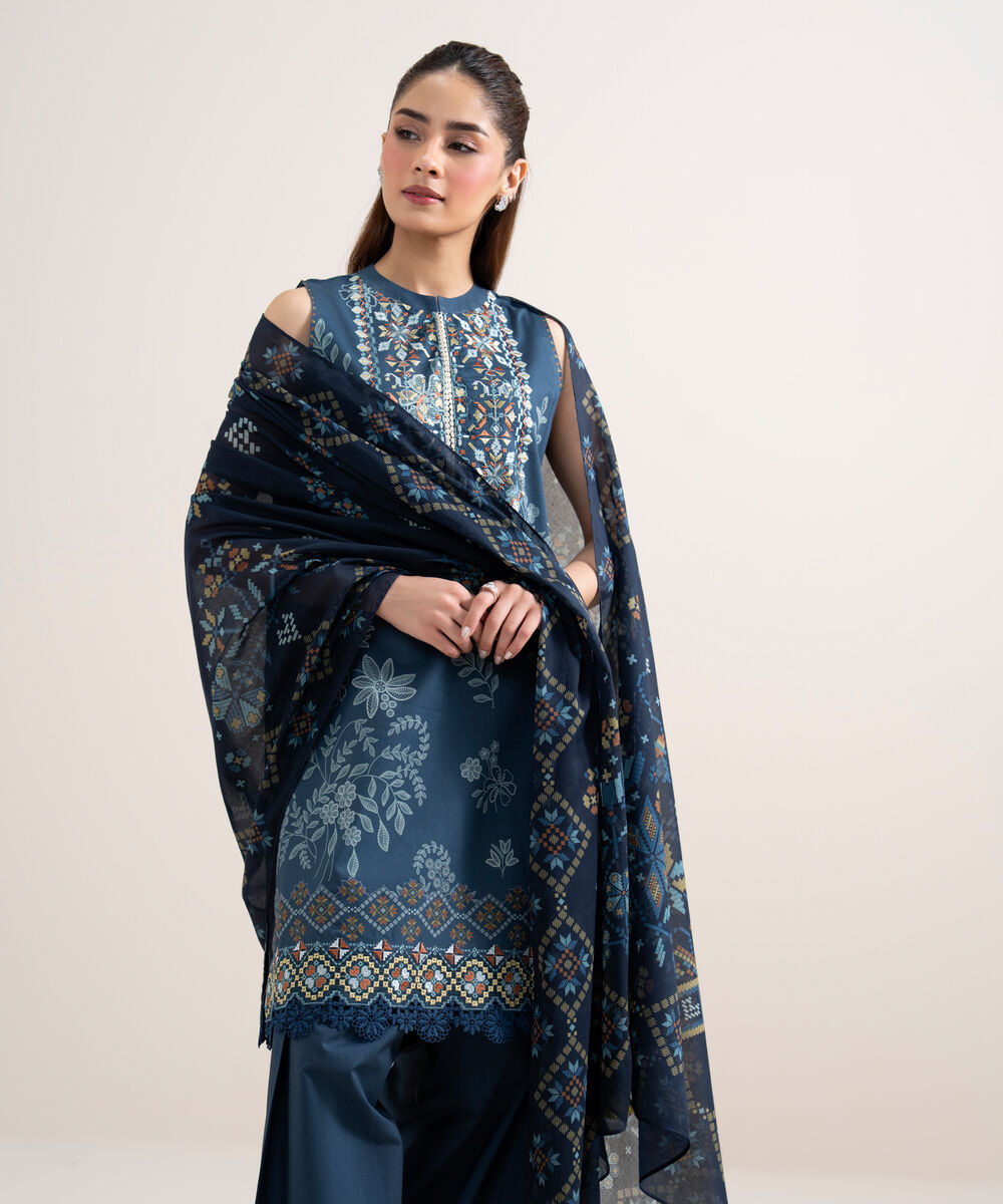 Women's Unstitched Lawn Embroidered Blue 3 Piece Suit