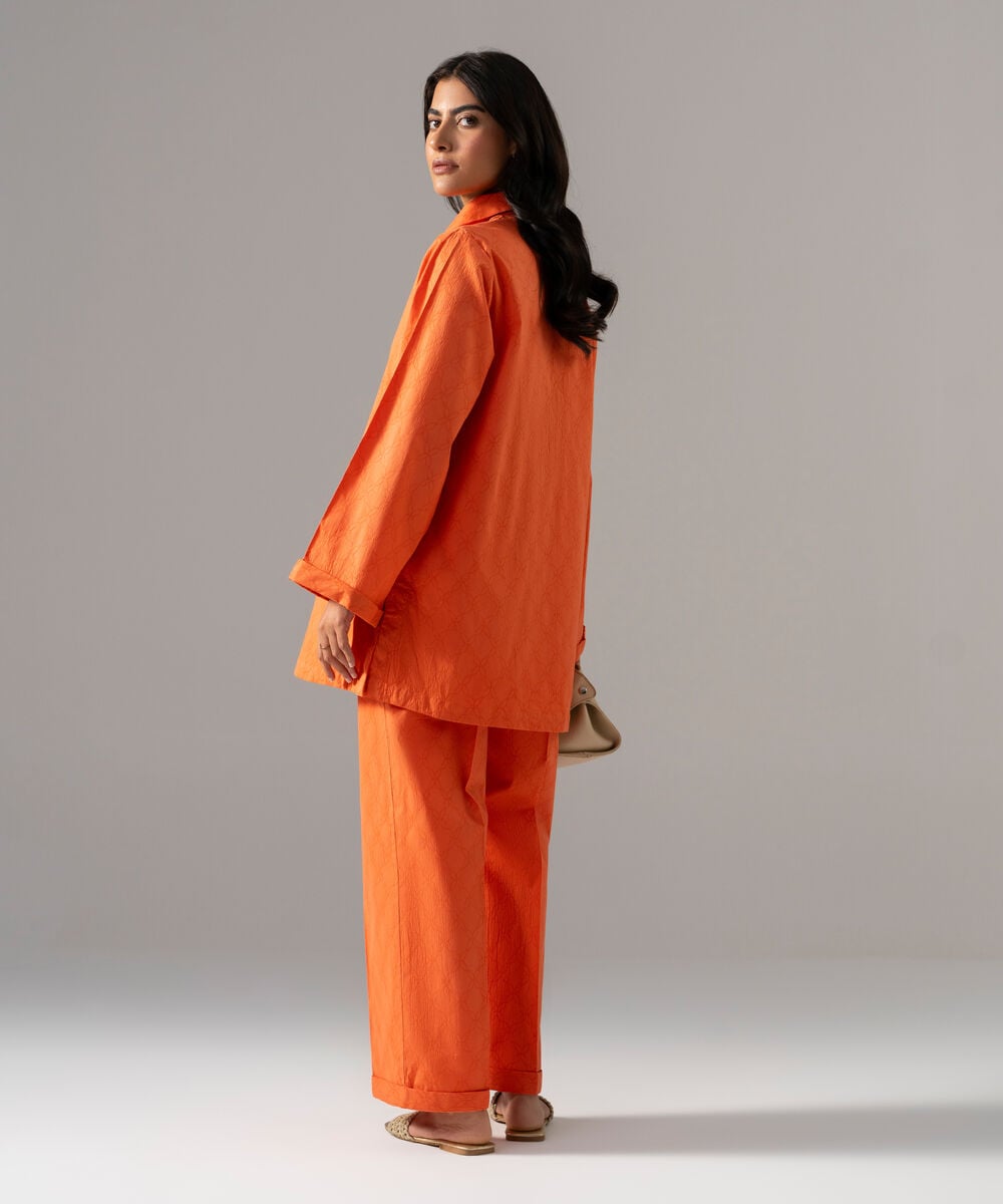 Women's RTW Textured Cotton Solid Orange 2 Piece Suit