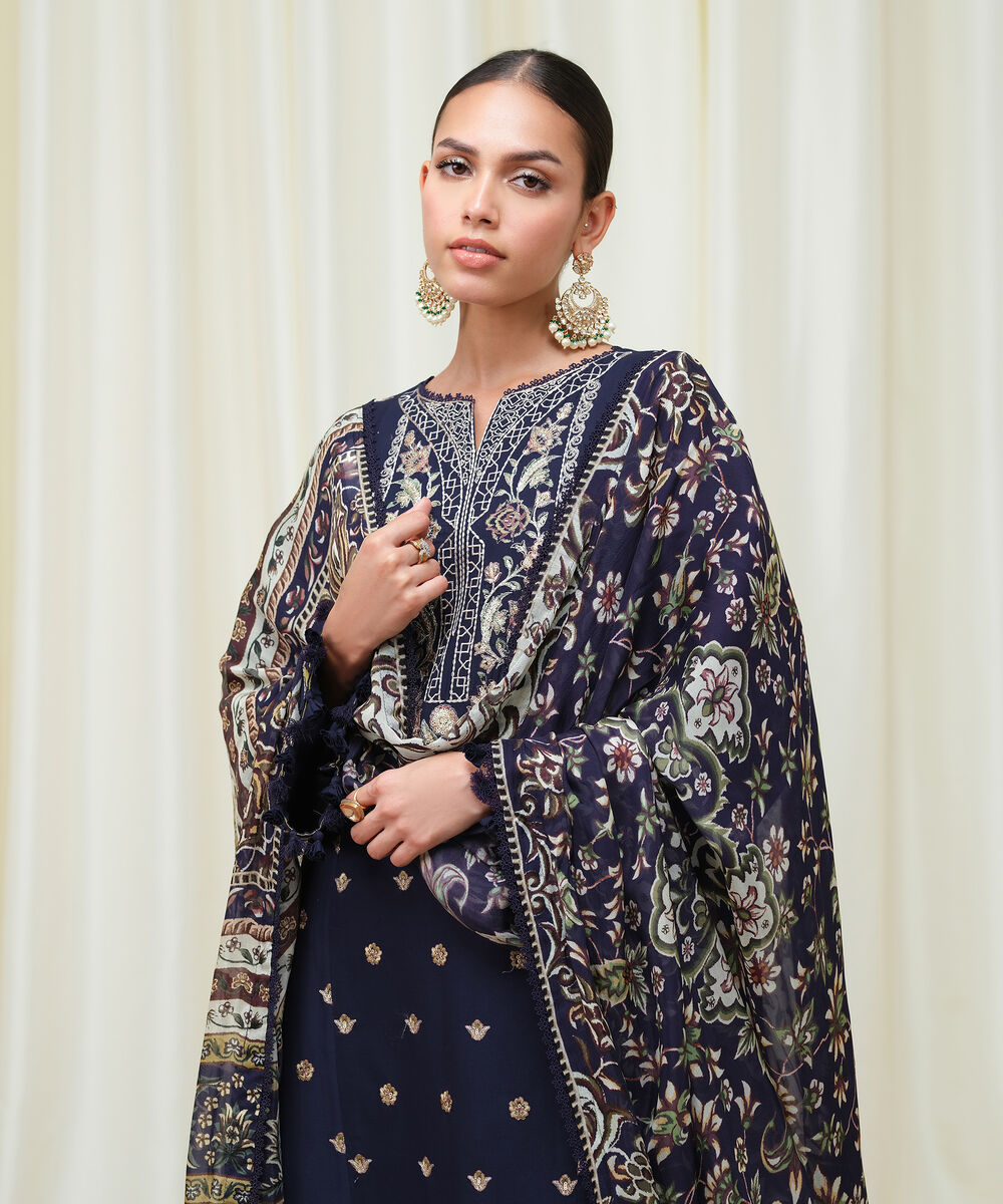 Women's Unstitched Fine Cotton Satin Embroidered Blue 3 Piece Suit