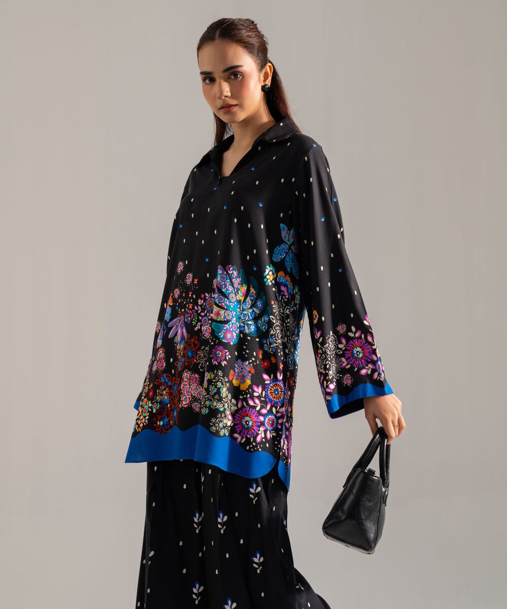 Women's RTW Printed Black Viscose Linen 2 Piece Suit