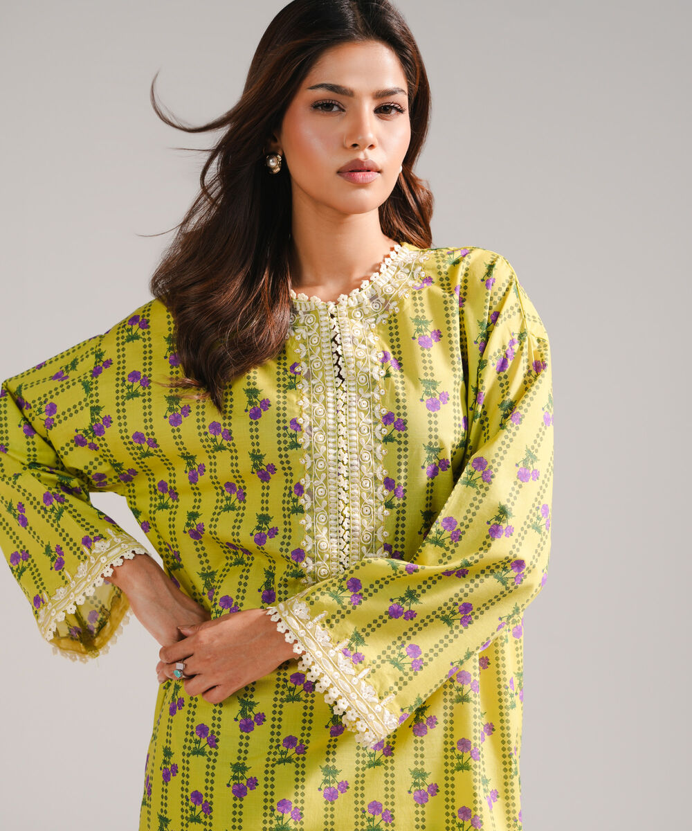 Women's RTW Slub Lawn Embroidered Green Straight Shirt