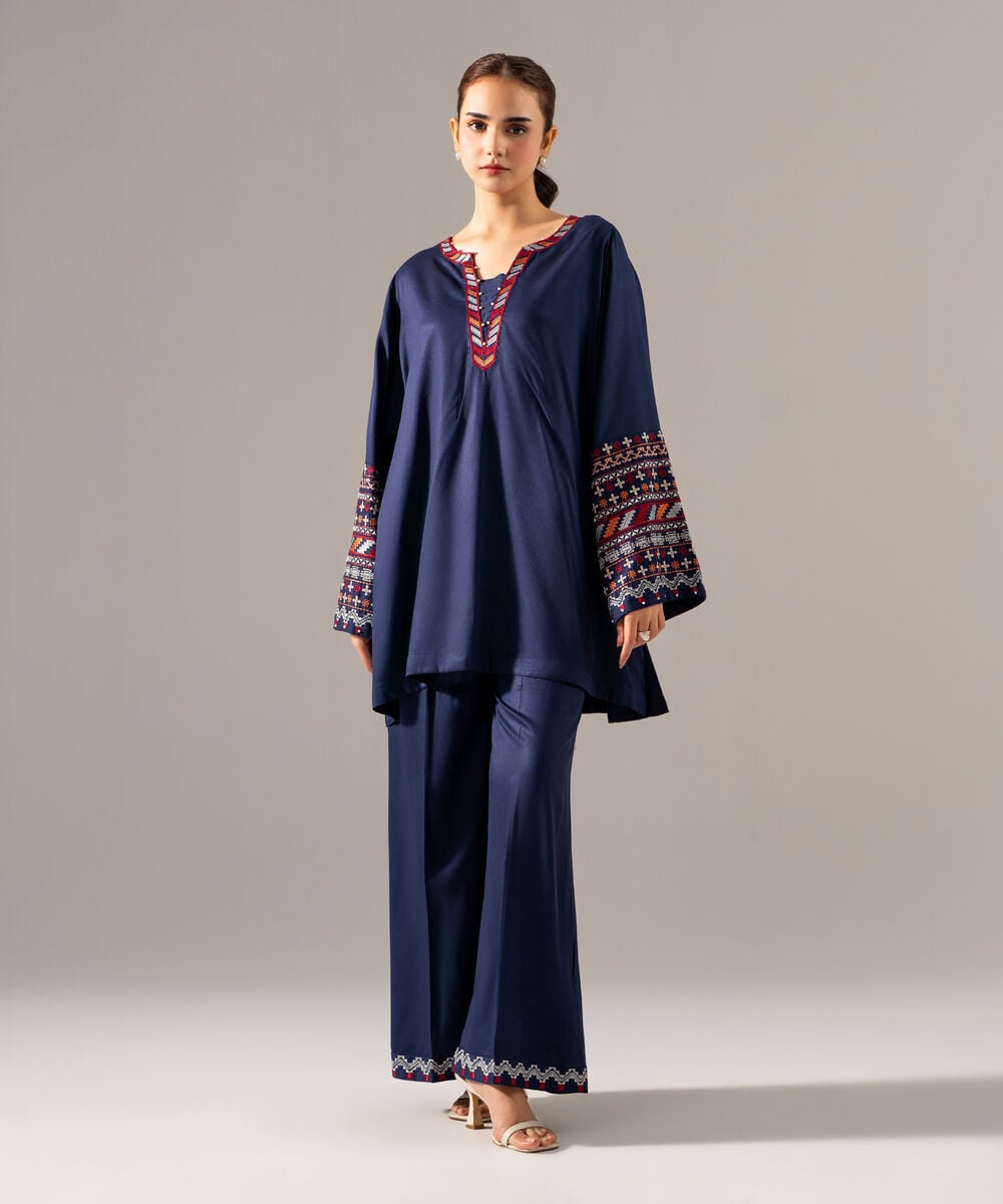 Women's RTW Bedford Solid Embroidered Blue Drop Shoulder Shirt