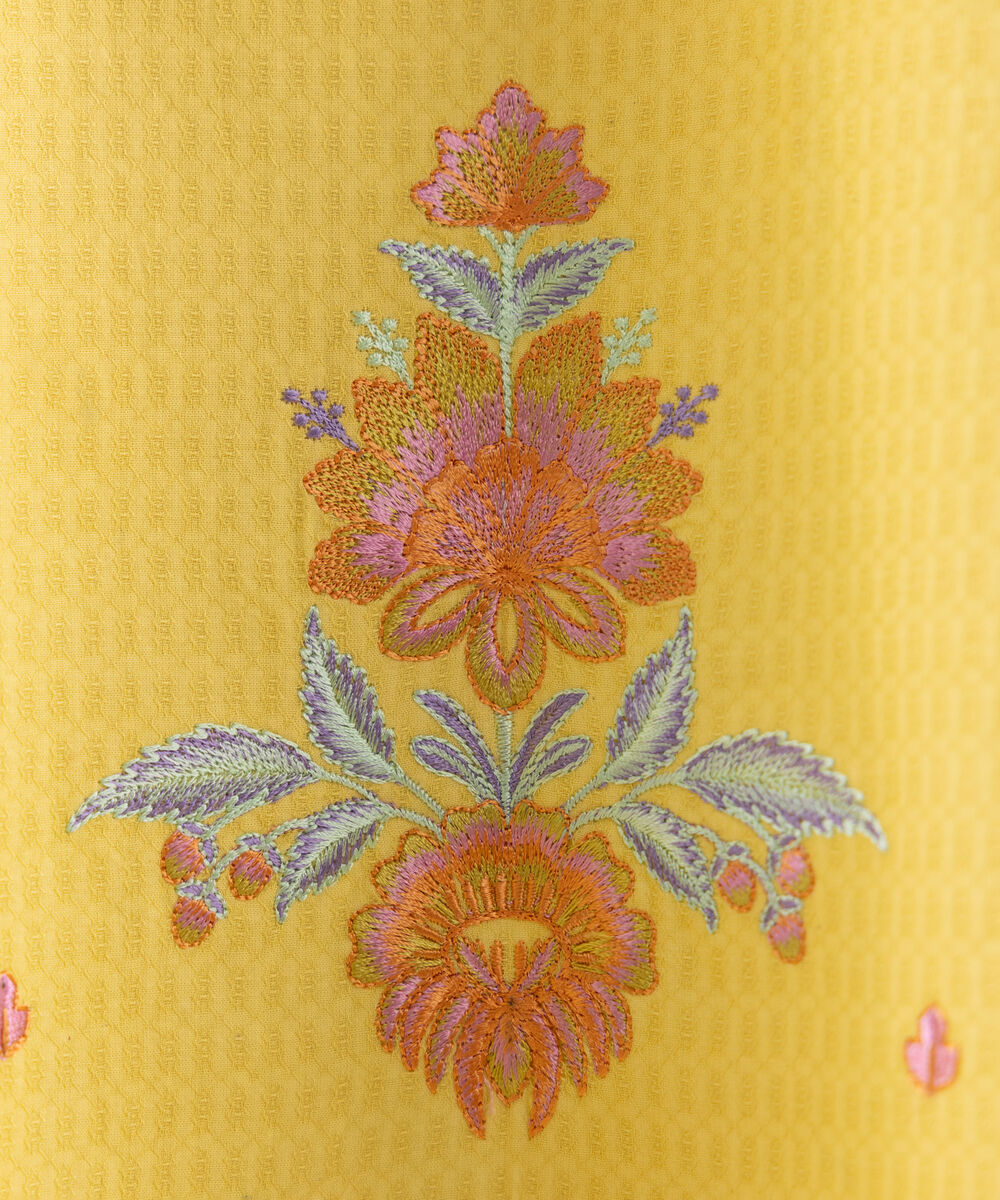 Women's Unstitched Dobby Embroidered Yellow 3 Piece Suit