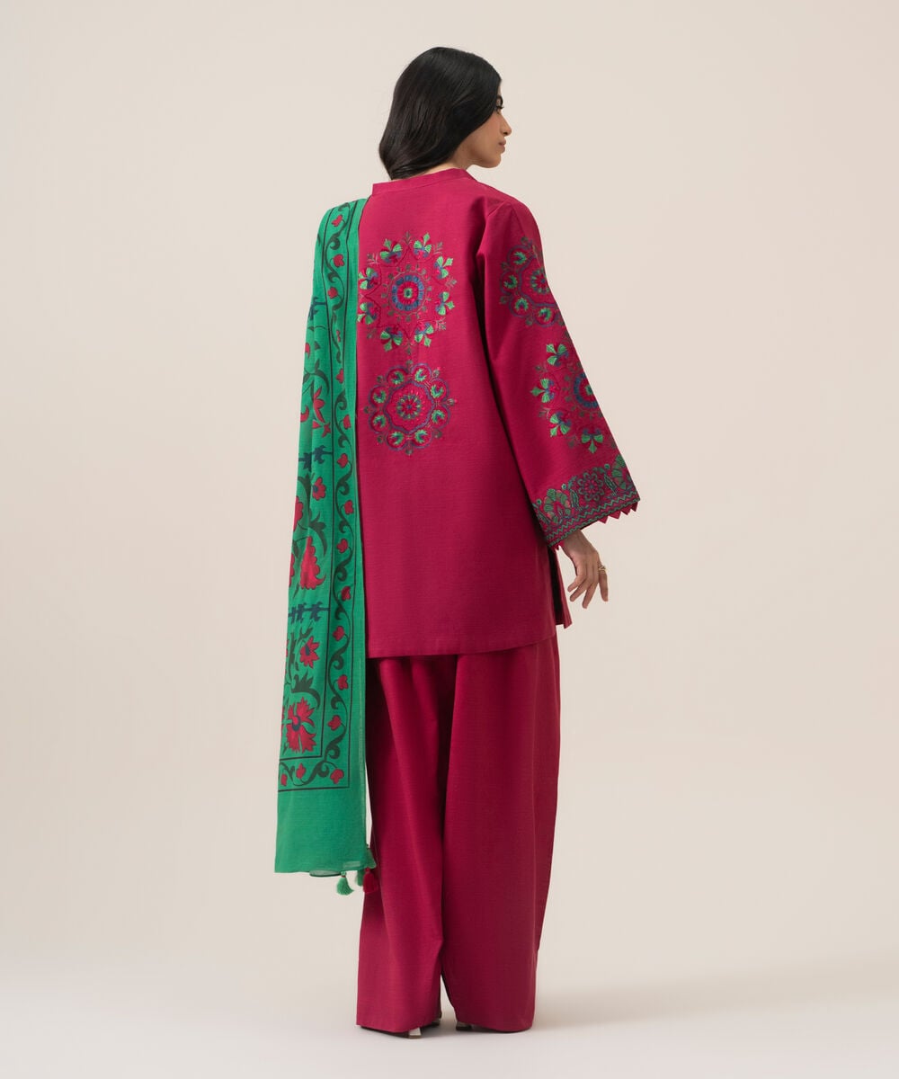 Women's Unstitched Lawn Embroidered Pink 3 Piece Suit