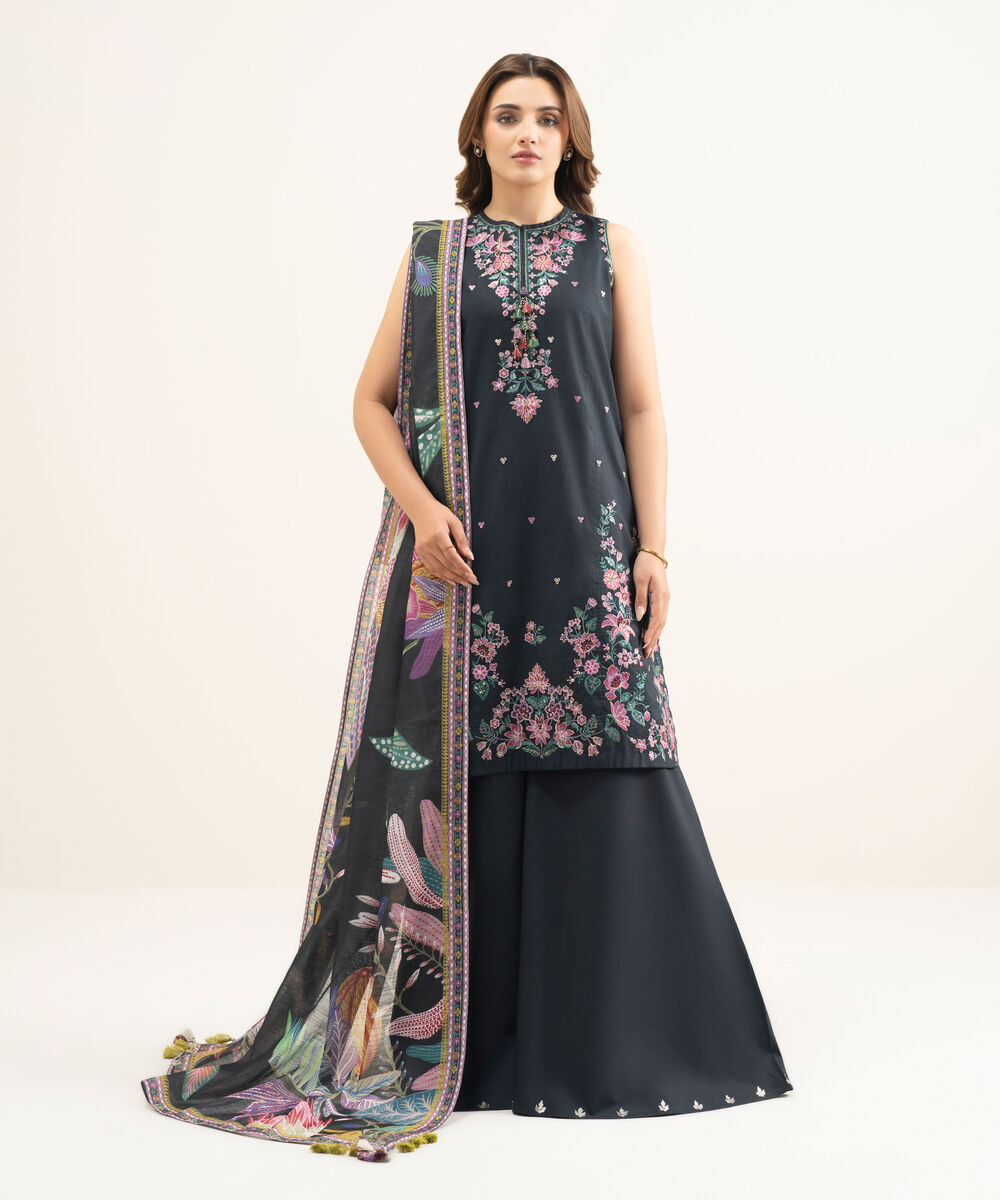 Women's Unstitched Lawn Black Embroidered 3 Piece Suit