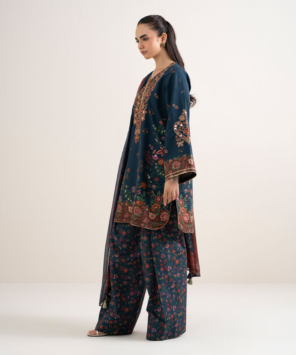 Women's Unstitched Cotton Embroidered Blue