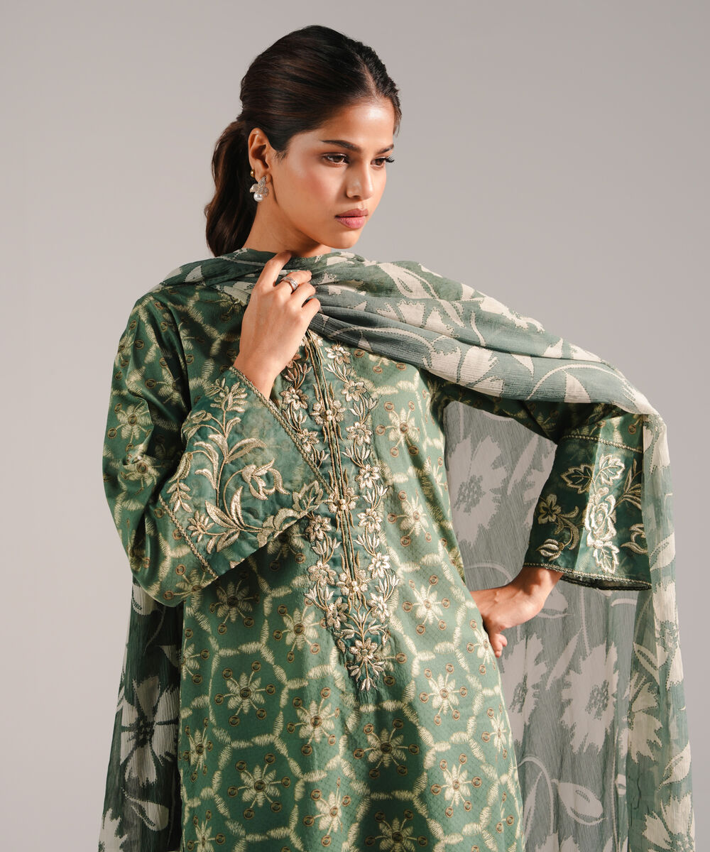 Women's RTW Dobby Embroidered Green 3 Piece Suit