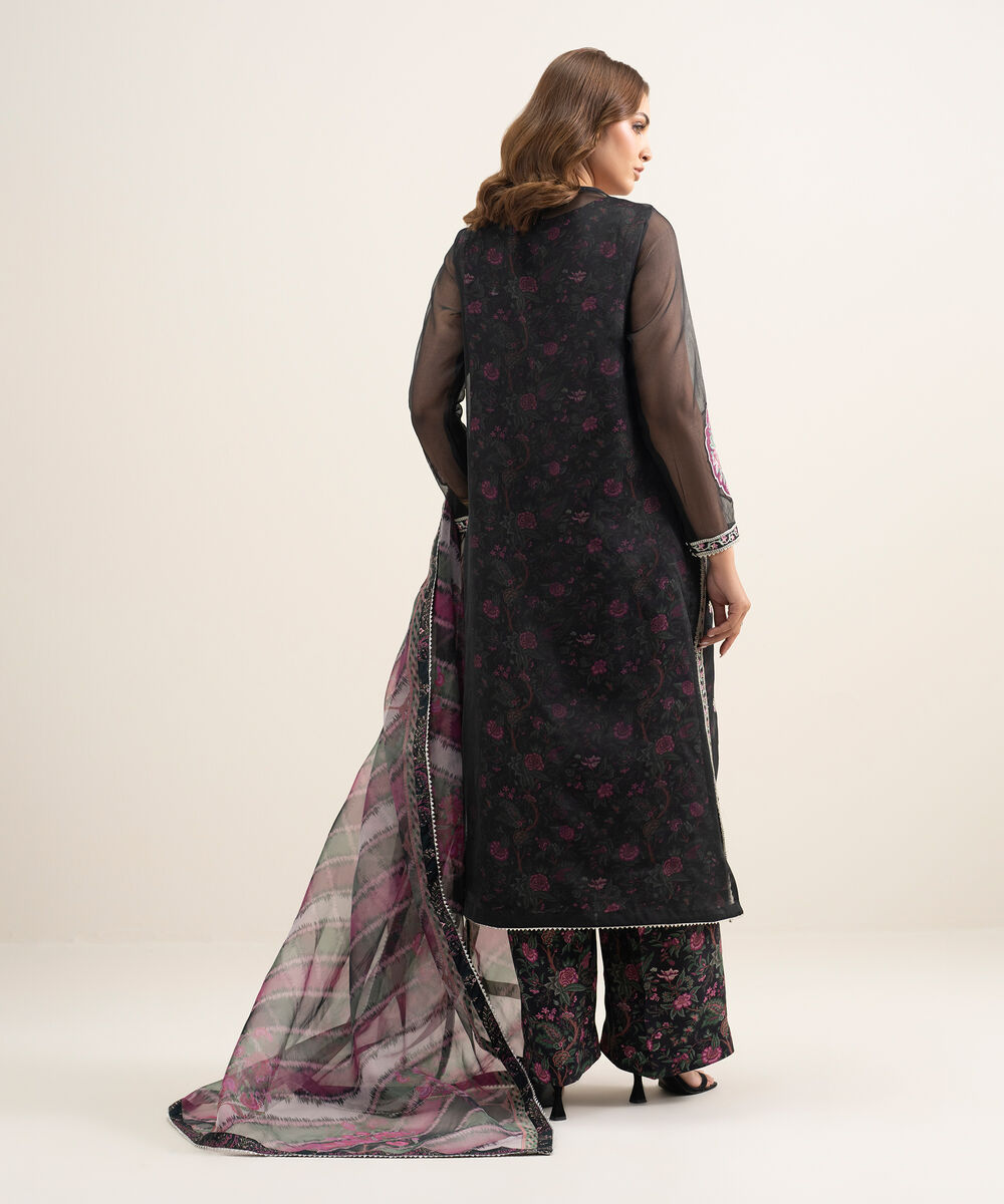 Women's RTW Blended Organza Embroidered Black 3 Piece Suit