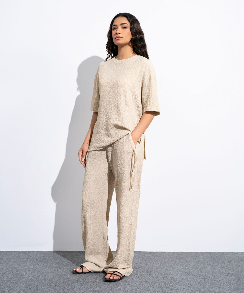 Women's Beige Pull-On  Textured Trousers With Tie Detail