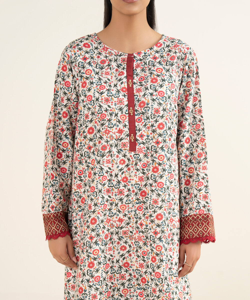 Women's RTW Khaddar Printed Off White A-Line Shirt