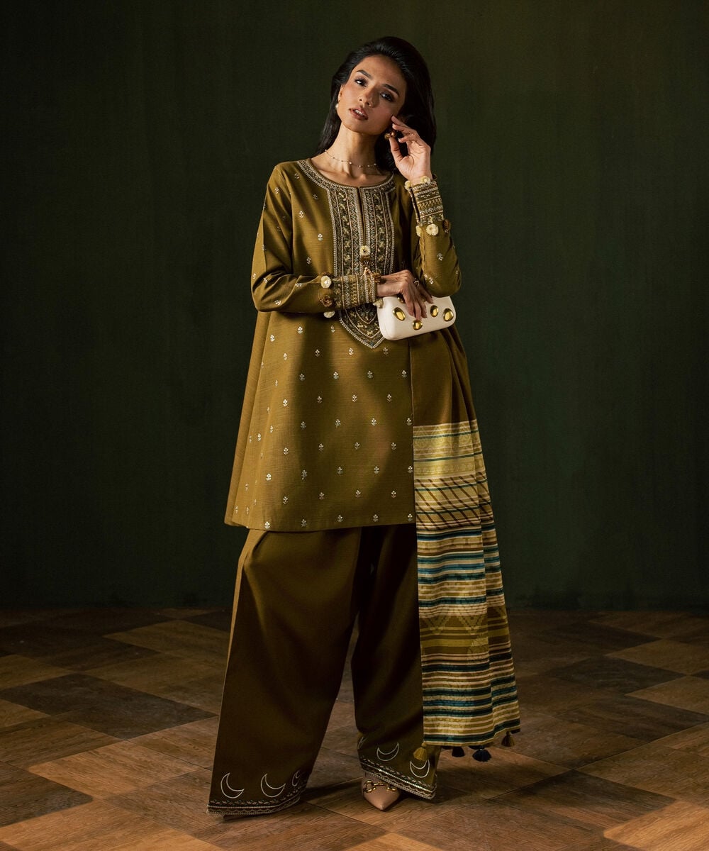 Women's Unstitched Light Khaddar Embroidered Mustard 3 Piece Suit