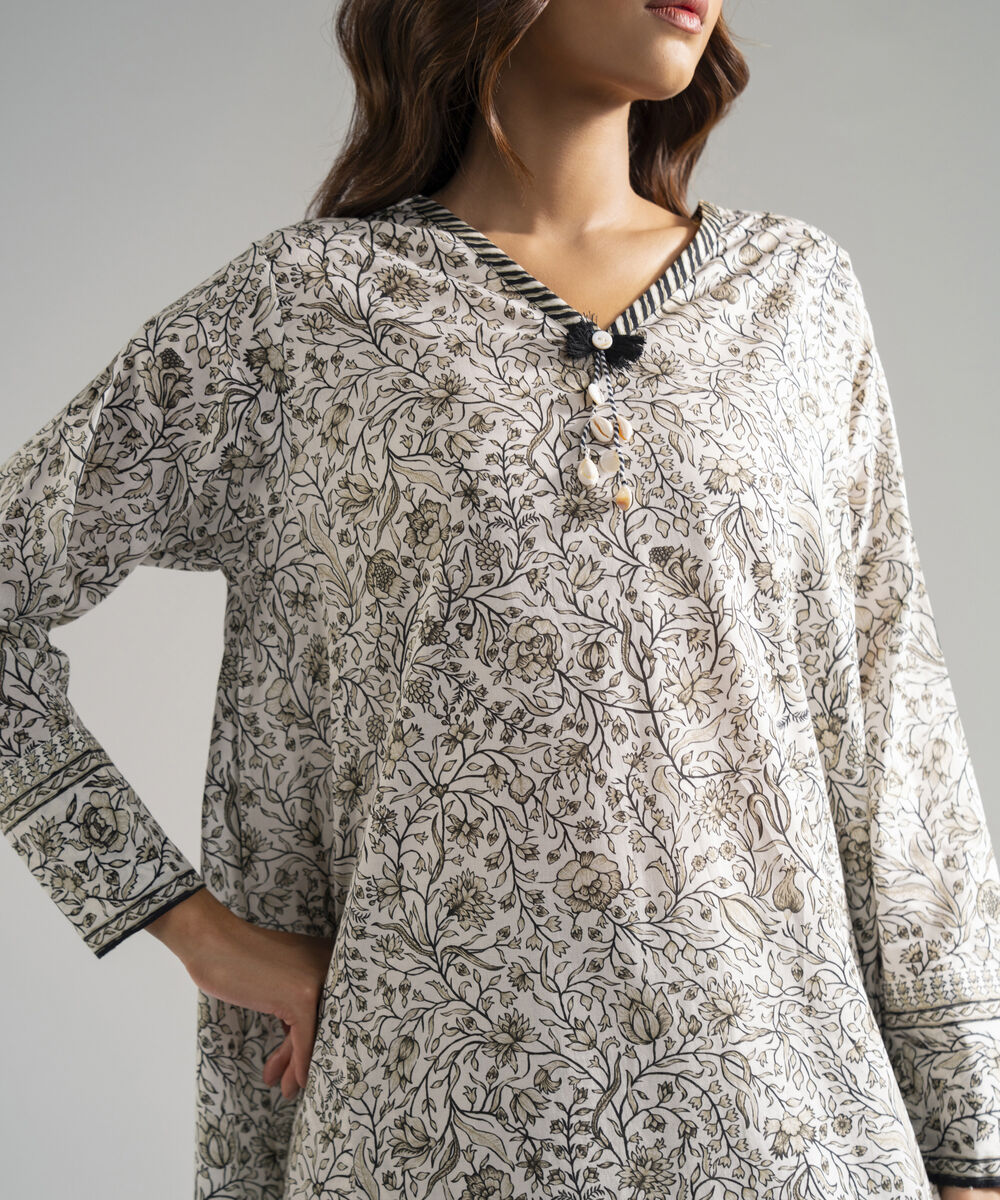 Women's RTW Lawn Printed White A-Line Shirt