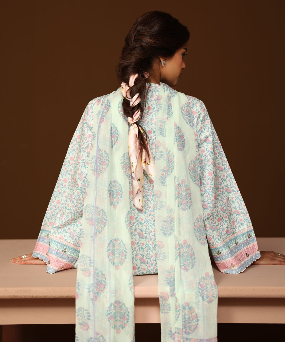 Women's Unstitched Lawn Embroidered Blue 3 Piece Suit