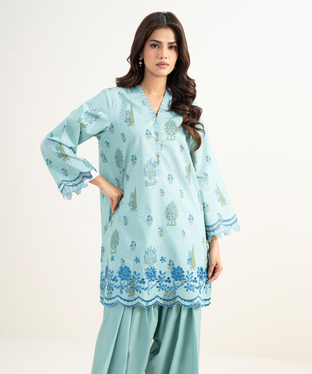 Women's Unstitched Lawn Embroidered Blue 2 Piece Suit
