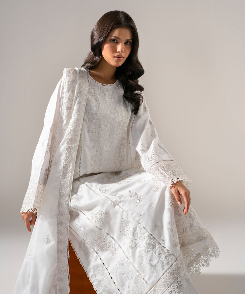 Women's RTW Cotton Satin Solid Embroidered Off White 3 Piece Suit