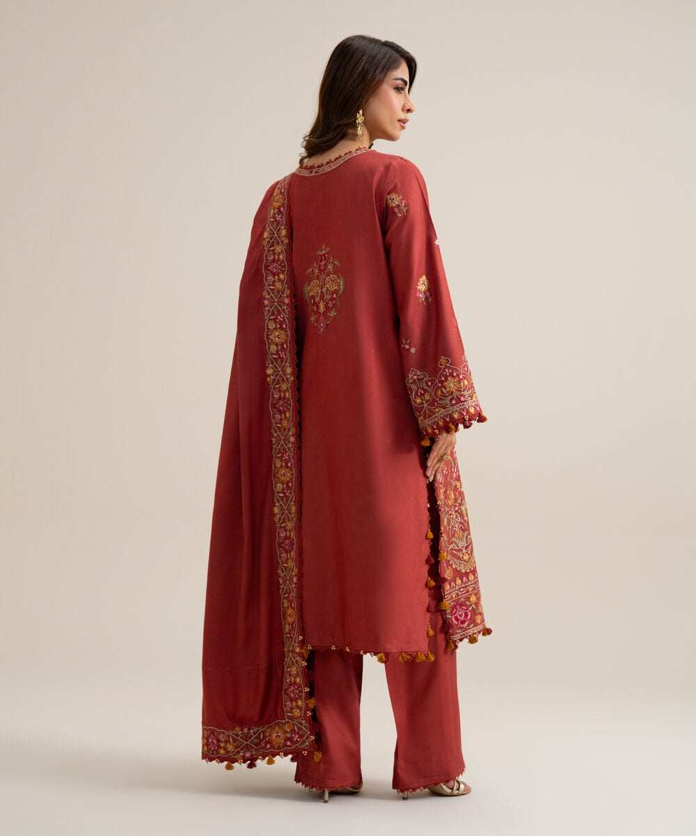 Womens Unstitched Cotton Twill Embroidered Rust 3 Piece Suit