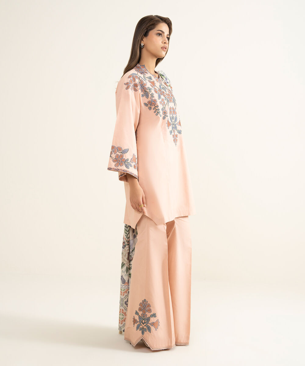 Women's Unstitched Textured Lawn Embroidered Pink 3 Piece Suit