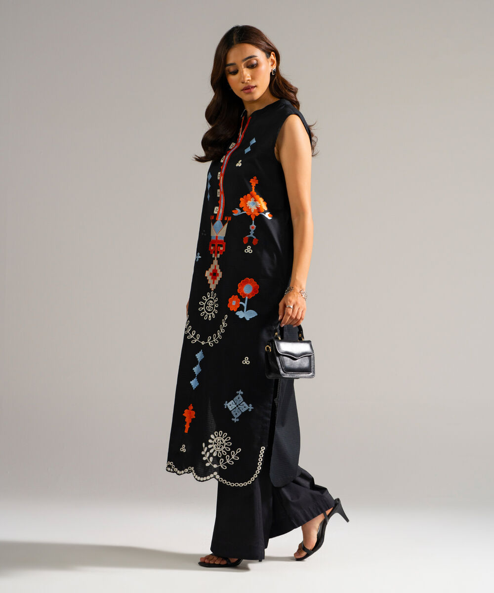 Women's RTW Dobby Embroidered Black Straight Shirt
