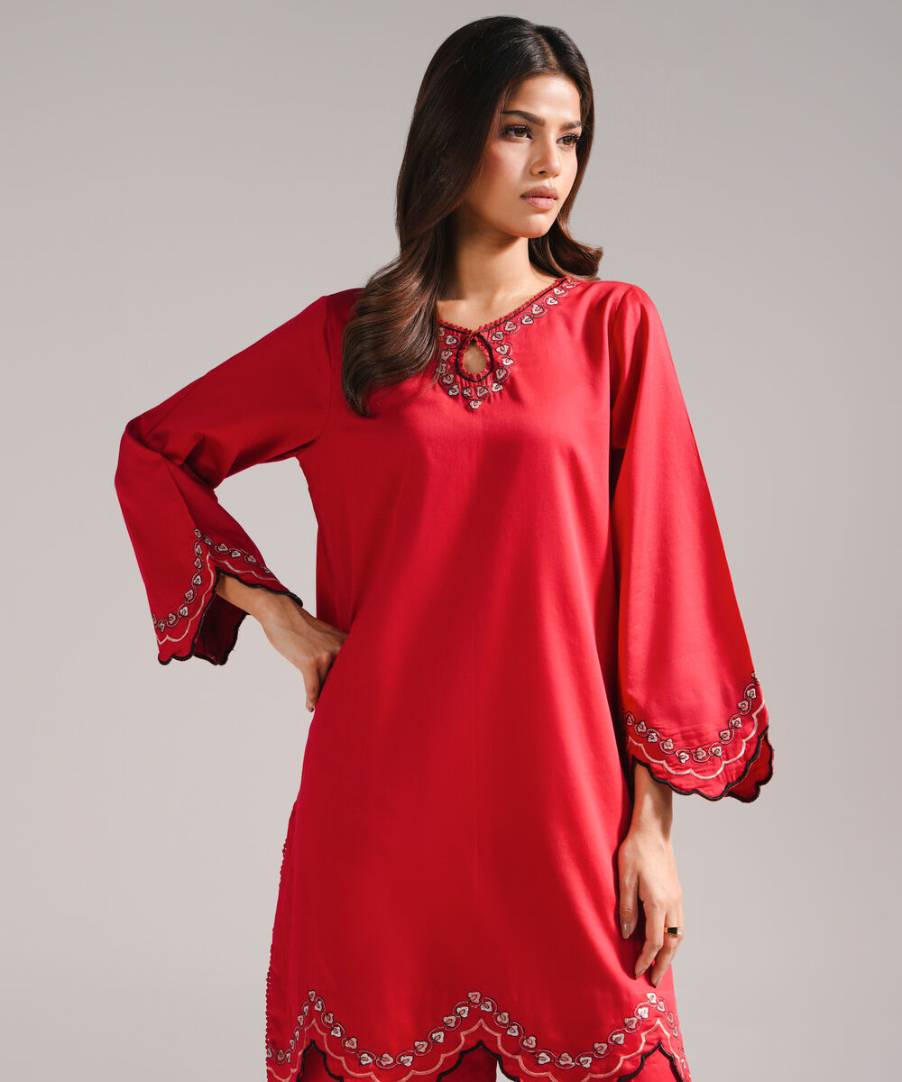 Women's RTW Cotton Satin Embroidered Red 2 Piece Suit