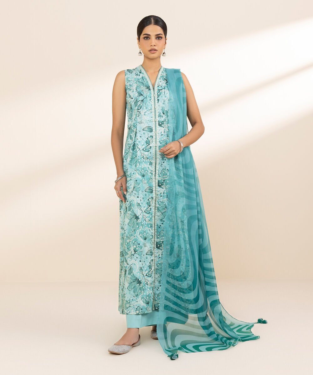 Women's Unstitched Lawn Printed Blue 3 Piece Suit