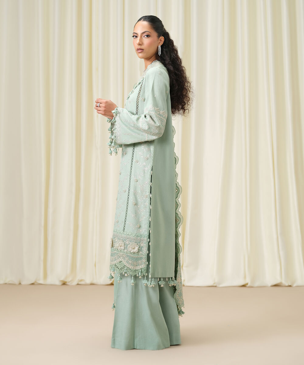 Women's Unstitched Embroidered Linen Moss Green 3 Piece Suit