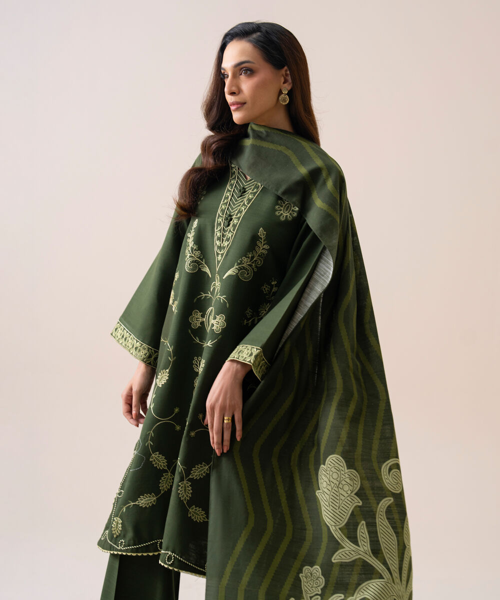 Women's Unstitched Light Khaddar Embroidered Green 3 Piece Suit