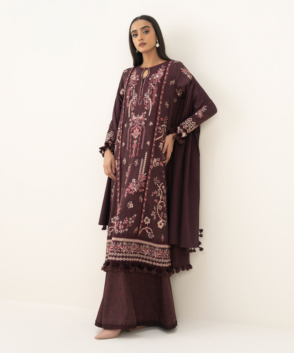 Women's Unstitched Embroidered Twill Maroon 3 Piece Suit
