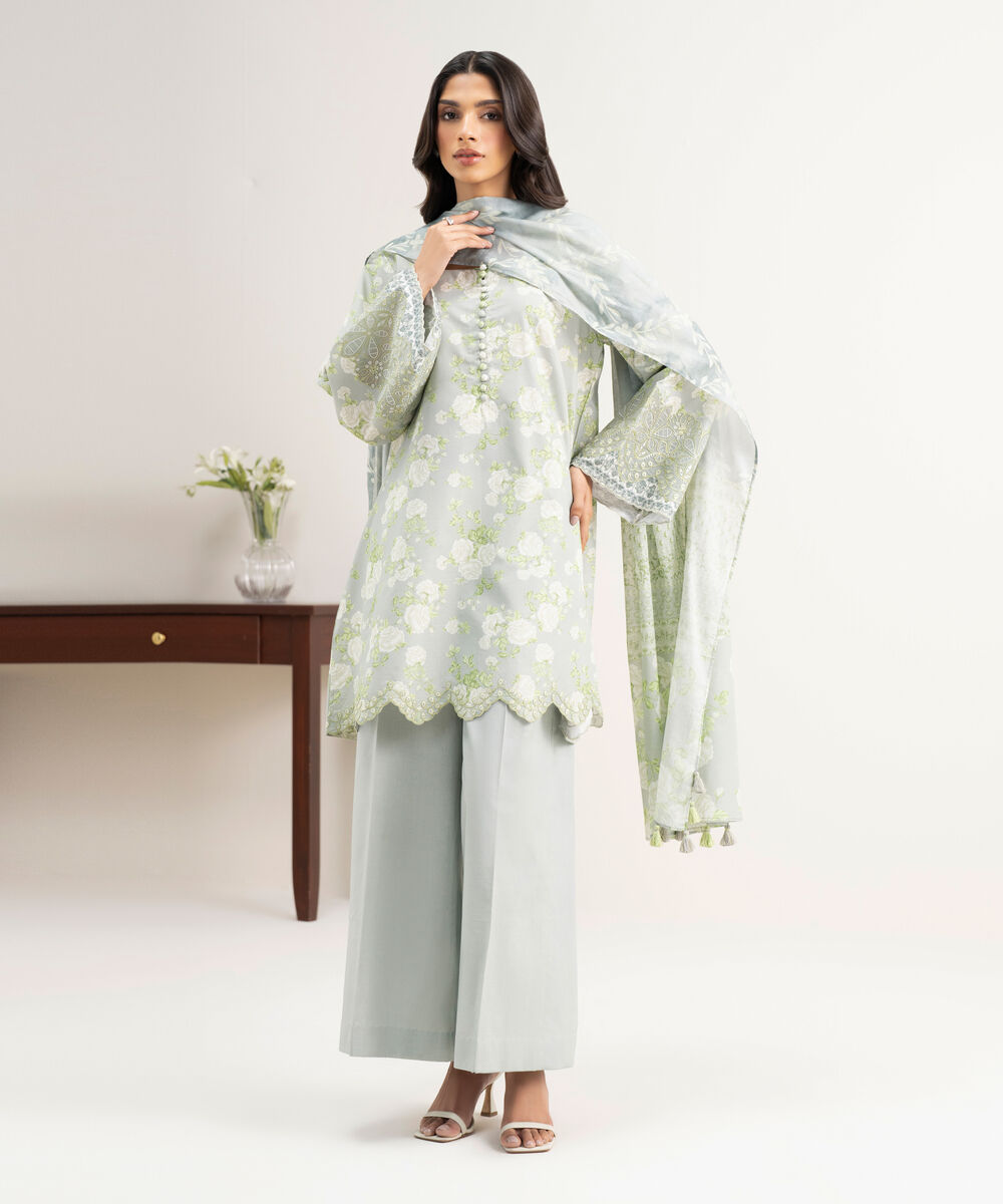 Women's Unstitched Zari Lawn Embroidered Grey 3 Piece Suit